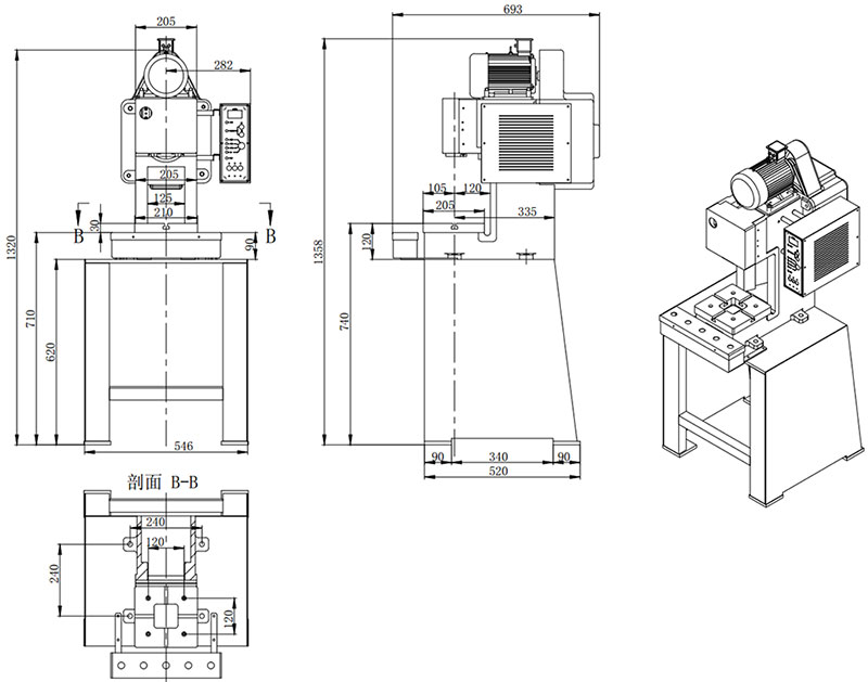 小型精密沖床外型尺寸,小型氣動沖床外觀尺寸,小噸位精密沖床3D結構圖